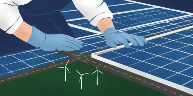 Illustration of hands placing solar panels with intersection of panels a crossroad and one corner field containing wind turbines