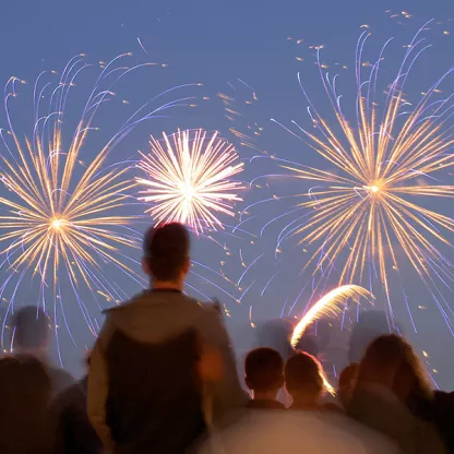 Silhouettes against dusk sky with fireworks